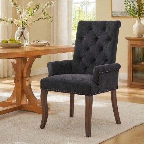 Chaise de salle à manger capitonnée en chenille, dossier haut, accoudoirs, gris charbon, REDOM (1/5)