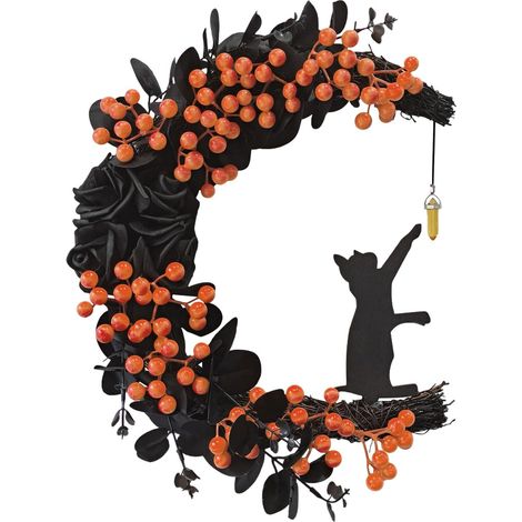 Couronne fantôme d'Halloween 2025 - Motif croissant de lune orange avec chat noir, applique murale décorative pour intérieur/extérieur, décoration unique pour porte d'entrée, décoration d'Halloween pa (1/5)