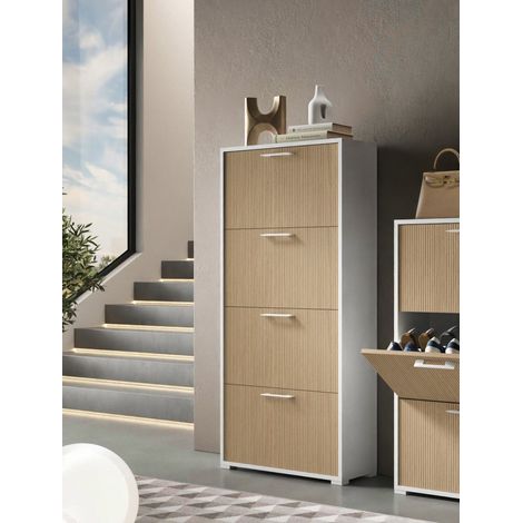 Zapatero Aristolochia, Mueble para Zapatos con Cajones, Hecho en Italia, 28.00x67.00x147.00h cm Blanco Estriado (1/4)
