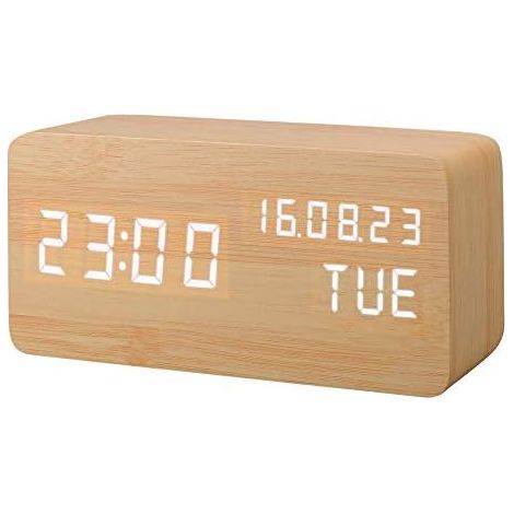 Artificial Wood LED Alarm Clock,Sound Activated Digital Clock,with Temperature/Humidity/Schedule Brightness Battery/USB Plug (1/5)