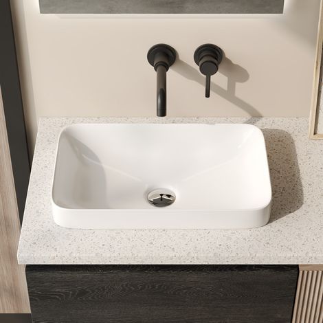 Vasque à poser rectangulaire en céramique blanche 49 x 30 x 12 cm – Pour salle de bain – DeerValley