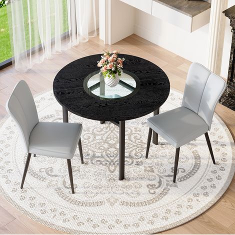 Set tavolo rotondo moderno 100 cm con 2 sedie in PU grigio chiaro e gambe nere (1/5)