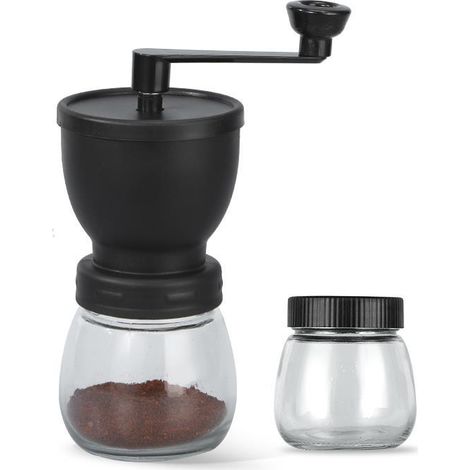 Manuelle Kaffeemühle mit Mahlwerk aus Edelstahl und Keramik, Glasbehälter.