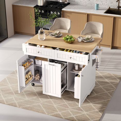 Îlot central de cuisine mobile - MODERNLUXE - 140x40x92 cm - Plateau extensible - Espace de rangement multifonctionnel - Blanc
