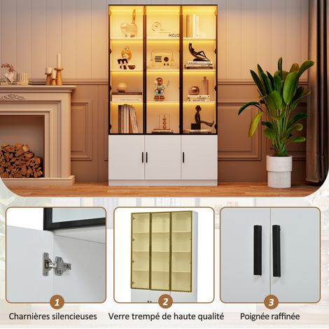 Hohe Vitrine aus MDF und Glas, weiß, 120 x 32 x 200 cm, 6 Türen, LED, Soft-Close MODENUIT (1/2)