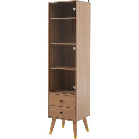Colonne de rangement moderne avec porte en verre, étagères réglables et 2 tiroirs, armoire bois pour salon, salle de bain et bureau (1/5)