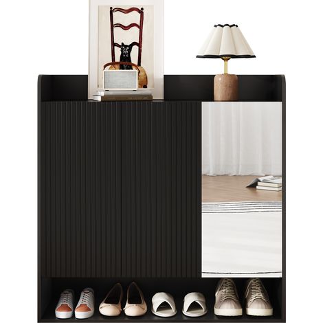 Meuble à chaussures noir avec structure à rayures verticales – Armoire à chaussures d’entrée avec miroir pleine longueur et étagères multicouches grande capacité