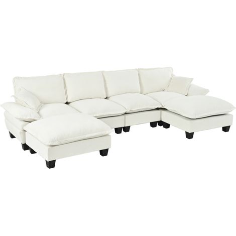 Canapé d'angle modulable 6 places en chenille beige avec ottomans amovibles et cadre en bois (1/5)