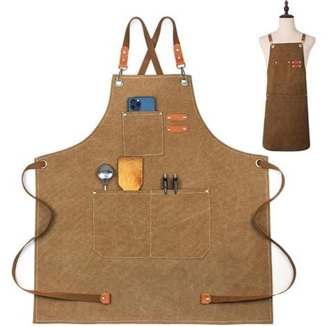 Leinenschürze für Männer und Frauen, strapazierfähige Küchenschürze, Grillschürzen mit verstellbarem Riemen und Taschen für Zuhause, Küche, Café, Garten, Handwerkswerkstatt (1/5)