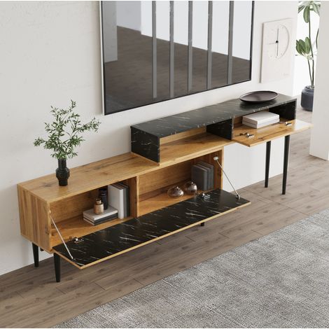 Meuble TV 129 cm Design aspect bois – 2 portes et 1 compartiments ouverts – pieds en fer bord en PVC Robuste et durable (1/5)