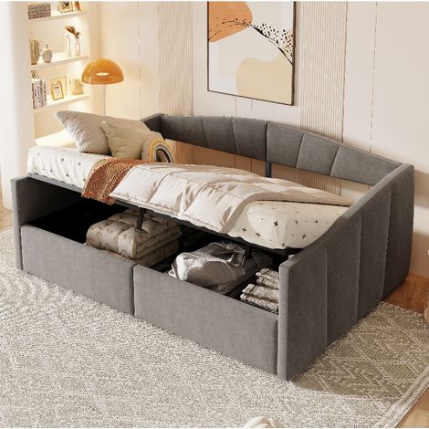 Polsterbett 140x200 cm mit hydraulischem Stauraum und Lattenrost, Multifunktionales Sofabett Tagesbett mit Armlehnen, Samtstoff Grau (1/5)
