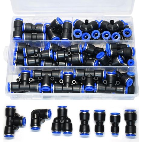 Lot de 46 raccords pneumatiques rapides de 4 mm - Droits, coudes, en T, répartiteurs en Y et réducteurs - Connecteur de tuyau d'air pour tuyaux en polyuréthane/nylon/polyéthylène (1/5)
