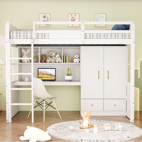 Letto a soppalco 90x200 cm in legno bianco con scrivania e contenitori - MEUBLIV (1/5)