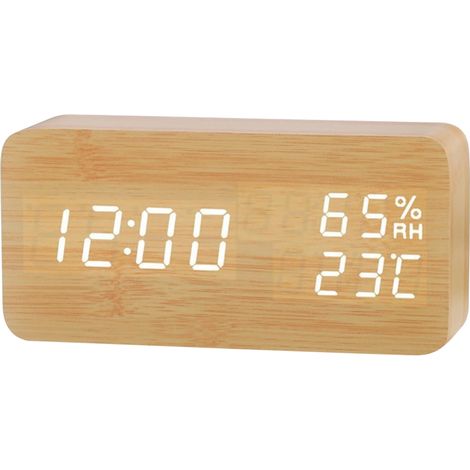 Sveglia da scrivania in legno, visualizzazione di giorno/data/temperatura/umidità, luminosità regolabile (3 livelli), controllo vocale.