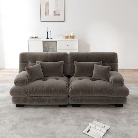 Divano dritto 2 posti 220x77x81 cm in tessuto chenille marrone, modulare per soggiorno FloraGrace (1/5)