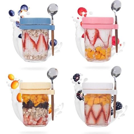 Overnight Oats Glas, 4-teiliges Set aus 350 ml auslaufsicherer Müslibehälter zur Frischhaltung von Lebensmitteln, mit Graduierungsmarkierungen (1/4)