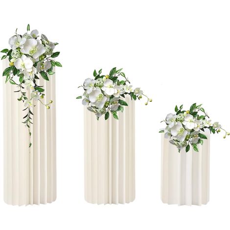 Lot de 3 supports de fleurs en carton blanc laiteux - Cylindre et nid d'abeille - Hauteur décalée de 40/60/80 cm - Avec plaque en PVC pour décoration de mariage et d'événement (1/5)