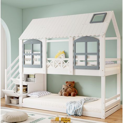 Bett Etagenbett Stauraumtreppe 90x200 Holz Weiß OKMYHOME (1/5)