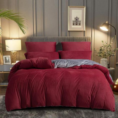 Linge de lit polaire peluche 155x220cm Rouge/Gris, réversible avec fermeture éclair & 2 taies d'oreiller
