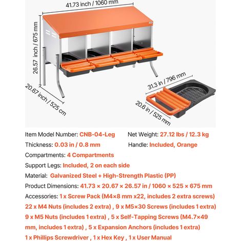 VEVOR Chicken Nesting Boxes, 4 Compartments, with Support Legs, Easy Egg Collection, Galvanized Steel and High-Strength Plastic, Roll Away Nesting Boxes for Chickens and Hens Laying Eggs, Orange (1/4)