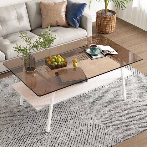 Table basse rectangulaire en verre trempé, pieds métal blancs, 98 x 58 x 42,5 cm (1/5)