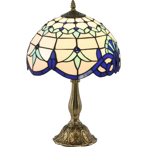 Stained Glass Table Lamp, Handmade Antique Bedside Lamp for Bedroom, Living room, Home, Nightstand, Decorative Night Light, Blue (1/5)