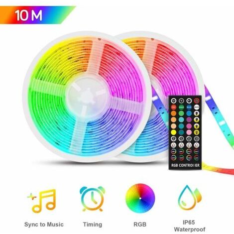 Ruban LED 10m etanche, Bande LED RGB5050 12V, Multicolore IP65 avec Fonction Mucial chronométrage,Télécommande à Infrarouge, Led Ruban pour Intérieure/Extérieur Chambre,Maison, Fête,Nol etc