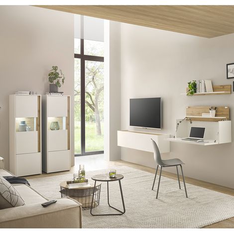 Wohnzimmer Set weiß mit Eiche CRISP-61 modern 5-teilig mit Homeoffice-Lösung (1/5)