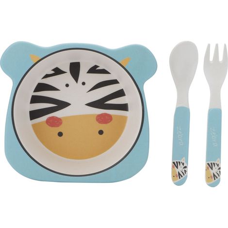 Assiette en fibre de bambou pour enfant, set de 3 pièces bol cuillère fourchette motif animal zèbre (1/5)