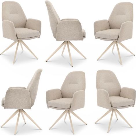 Bon Furni Tela Silla de comedor Beige con patas blancas, Set de 6, giratoria 360°, ergonómica con alta elasticidad y reposabrazos