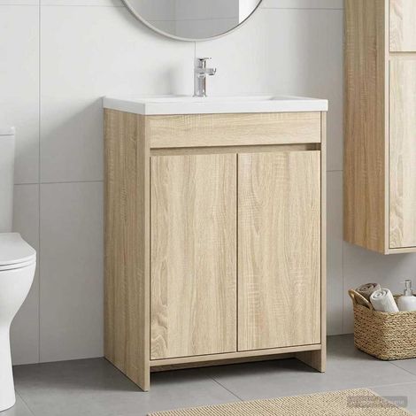 Meuble sous lavabo salle de bain, portes, bois d’ingénierie, chêne Sonoma, 56 x 37,5 x 81 cm - PANGIVO (1/5)