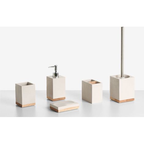 Set di 5 accessori da bagno con portasapone, dispenser, scopino, bicchiere e portaspazzolini beige TAPICHE