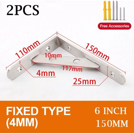 (Fixe 4 mm - 6 pouces) 2 supports triangulaires en acier inoxydable pour étagère murale, support robuste, fixation murale, banc, table, étagère - quincaillerie (1/5)