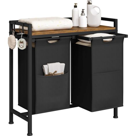 WOLTU Cesto para ropa sucia con 2 compartimentos extraíbles, color negro (1/5)