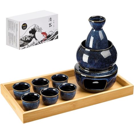 Ensemble à saké japonais 6 tasses 1 bouteille 1 réchaud 1 plateau (1/5)