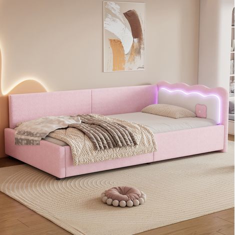 Cama individual con LED 90x200 tapizada rosa OKMYHOME (1/5)