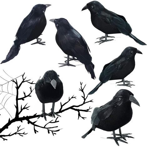 Faux corbeaux d'Halloween, 6 décorations de corbeaux noirs, faits main. (1/5)