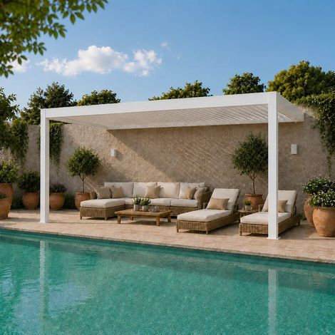 Pergola Bioclimatique Aluminium Adossée Motorisée Éclairée 5x3,5 Blanc Caleta France (1/5)