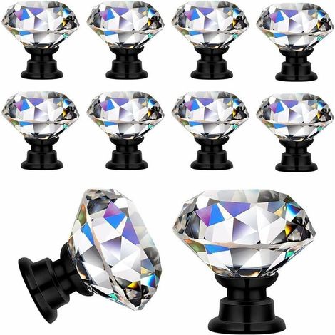 10 Pièces Poignées Boutons de porte Transparent Diamant Cristal Verre Portes Meuble Tiroir Placard Décoration Avec Vis，30mm (10PCs, Noir)--