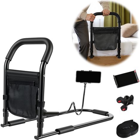 Jiubiaz Sicherheits-Bettgriff für Senioren, höhenverstellbare Aufstehhilfe (45–62 cm, 5 Stufen), mit Befestigungsgurt und Handyhalterung, schwarz