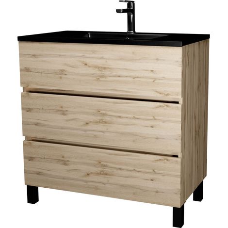 meuble de salle de bains 80 cm 3 tiroirs chêne naturel + vasque céramique noire - timber — vue 3