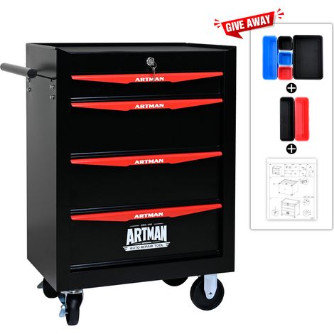 Armoire à outils mobile en métal avec 4 tiroirs, 508 mm (20 pouces), avec 4 tiroirs et glissières à billes, boîte à outils de rangement en acier – noir et rouge (1/4)