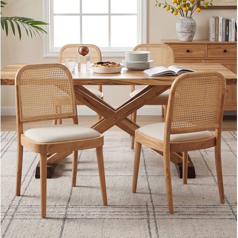 Juego de 2 sillas de comedor, respaldo de ratán, asiento de lino, estructura de madera maciza, color madera (1/5)