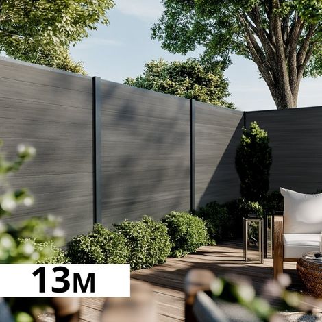 Kit Clôture Bois Composite Ardoise 13x1,8m CRUZ - Poteaux en Aluminium Gris - Brise Vue - Palissade