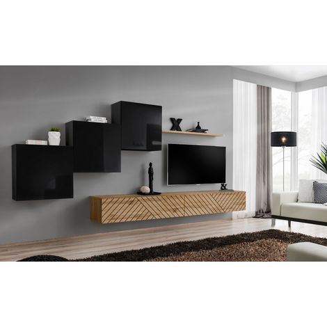 Ensemble de 6 meubles muraux "Switch X " pour TV en bois - Noir et Beige - L 330 x H 150 x P 40 cm - Livraison gratuite