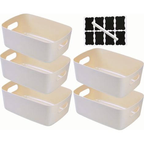 Lot de 5 Paniers Boîtes de Rangement en Plastique avec Poignées,Paniers de Rangement Empilables pour la Cuisine,Paniers & Boîtes de Rangement Cuisine Salle de Bain (Beige, 30×20×12 cm)