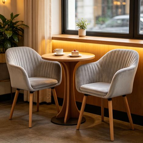Set di 2 sedie da pranzo imbottite con braccioli, schienale ergonomico, velluto, legno massiccio, grigio chiaro (1/5)
