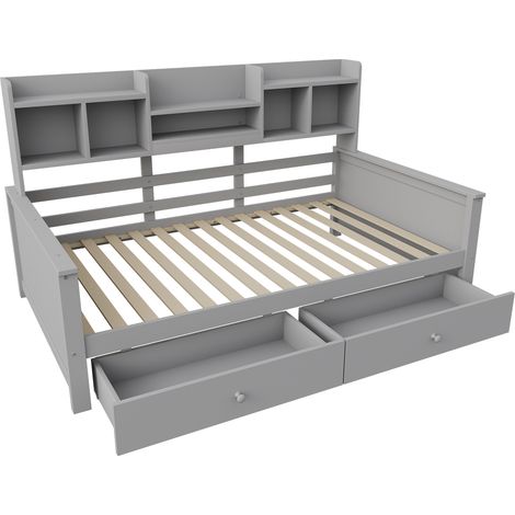 Cama diván 90x200 cm con almacenaje, 2 cajones y estantes, madera gris, MODENUIT (1/5)