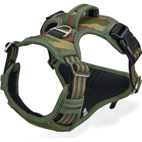 Harnais Chien Anti Traction, Harnais pour Chien Grand Moyen Réfléchissant Réglable Gilet Chien avec Poignée Respirante Harnais Poitrine de Sport sans Traction Vert Camouflage XL (1/5)