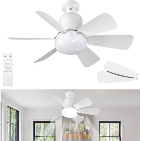 Ceiling fan with dimmable LED light, 52 cm, 6 white blades, milk-colored lampshade, remote control included (1/5)